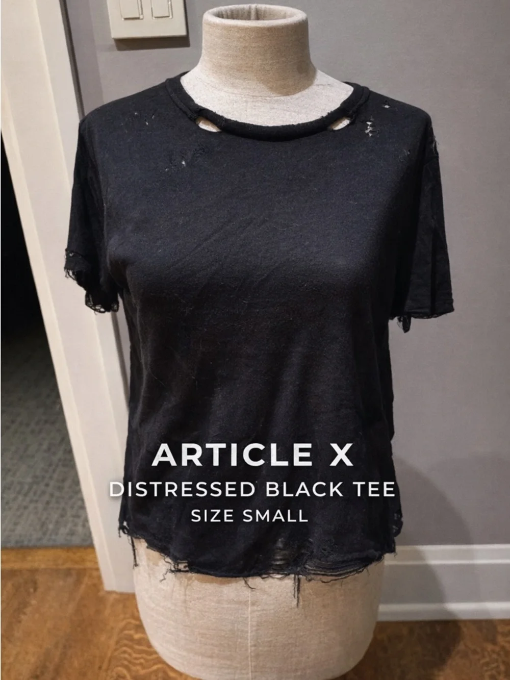 Article X Distressed Black Tee Shirt Small Grunge Raw Hem Short Sleeve Top - Picture 1 of 11